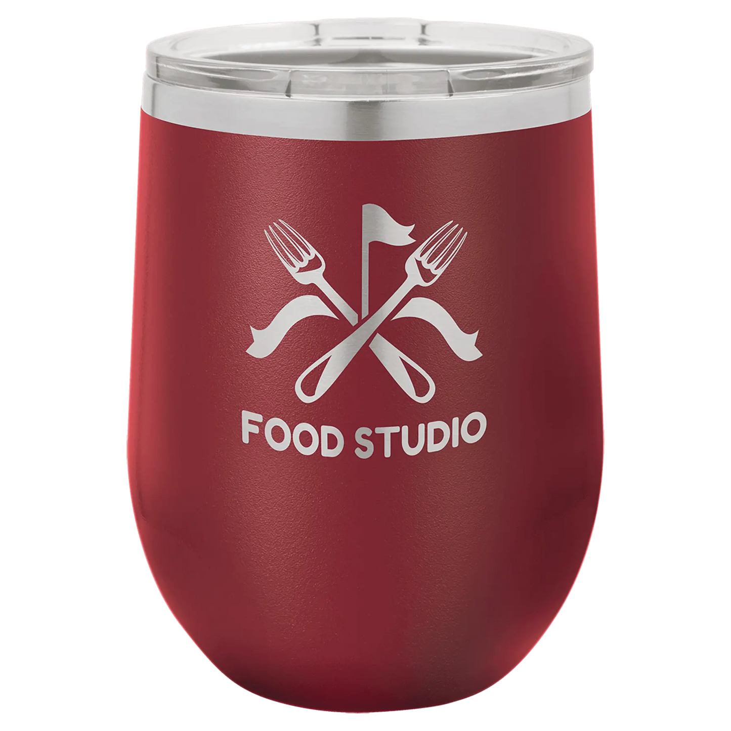 12 oz custom engraved wine tumbler with Food Studio logo, double insulation, Polar Camel.