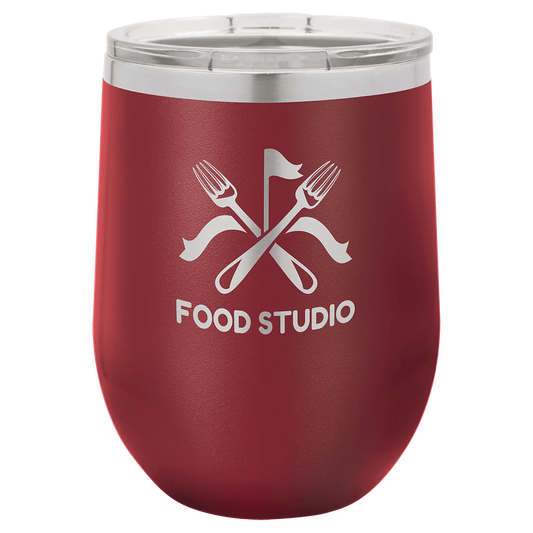 12 oz custom engraved wine tumbler with Food Studio logo, double insulation, Polar Camel.