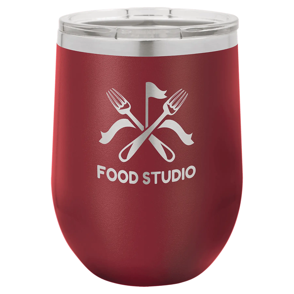 12 oz custom engraved wine tumbler with Food Studio logo, double insulation, Polar Camel.