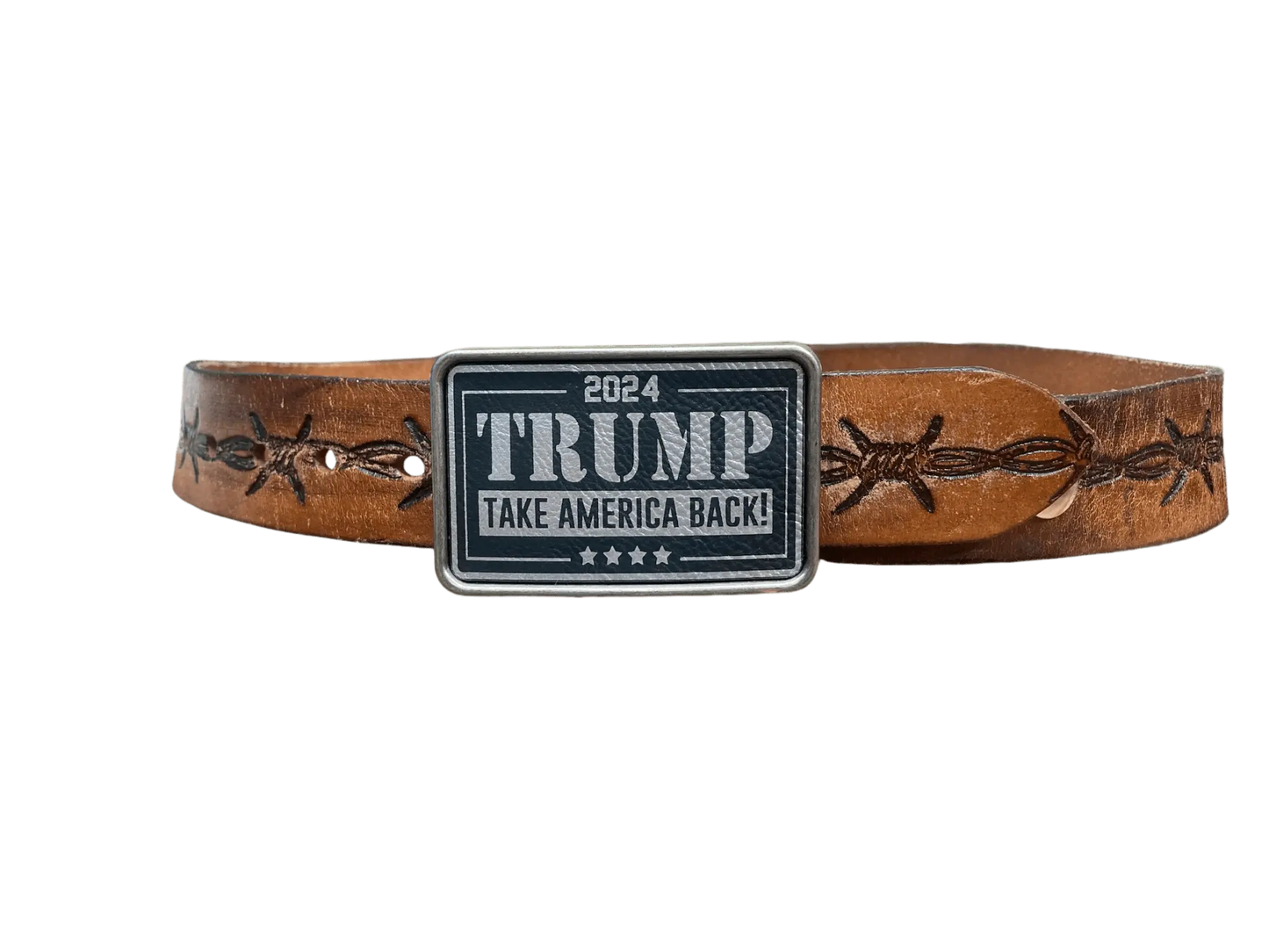 America back belt buckle with "Trump Take America Back" design on leather belt.