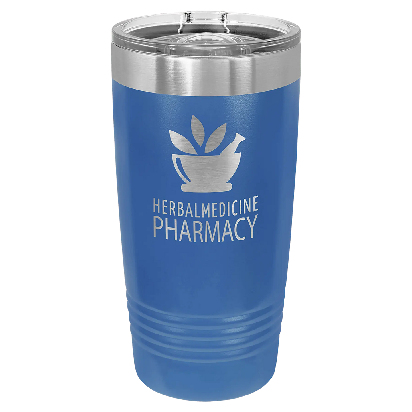 20 oz Polar Camel Tumbler Engraved with slider lid in blue, featuring herb and pharmacy design.