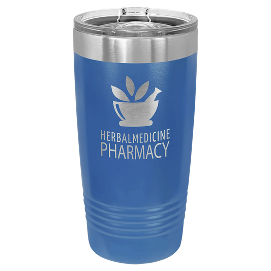 20 oz Polar Camel Tumbler Engraved with slider lid in blue, featuring herb and pharmacy design.
