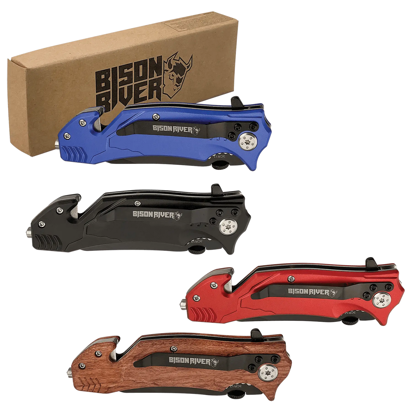 A collection of Bison River survival knives with custom engraving, displayed in four colors: blue, black, red, and brown, alongside its packaging box.