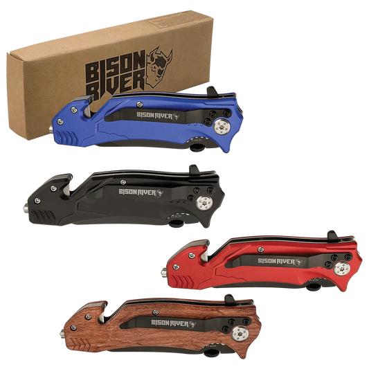 A collection of Bison River survival knives with custom engraving, displayed in four colors: blue, black, red, and brown, alongside its packaging box.