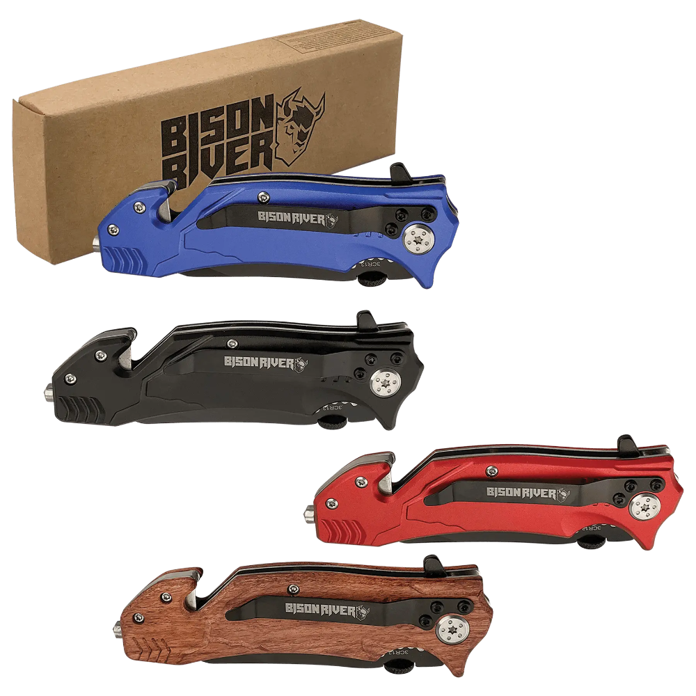 A collection of Bison River survival knives with custom engraving, displayed in four colors: blue, black, red, and brown, alongside its packaging box.