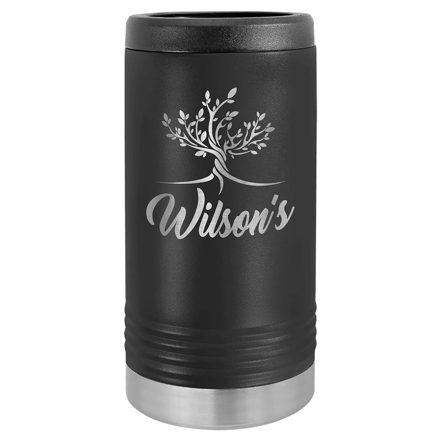 Engraved black stainless steel slim can cooler with personalized design.