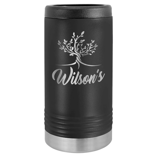 Engraved black stainless steel slim can cooler with personalized design.