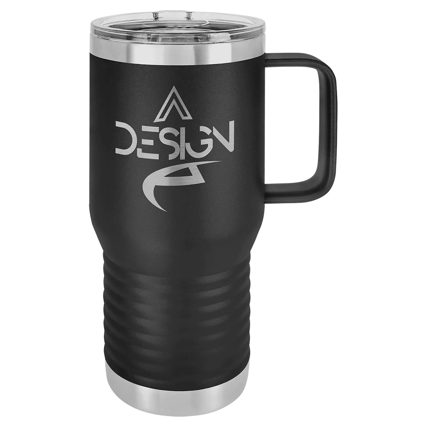 20 oz travel mug tumbler with handle, custom engraved, stainless steelr, secue lid. social media and marketing, marketing strategies for social media, laser etching near me