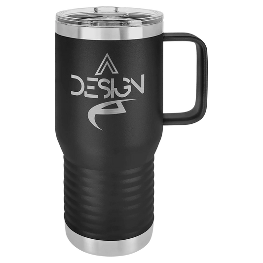 20 oz travel mug tumbler with handle, custom engraved, stainless steelr, secue lid. social media and marketing, marketing strategies for social media, laser etching near me