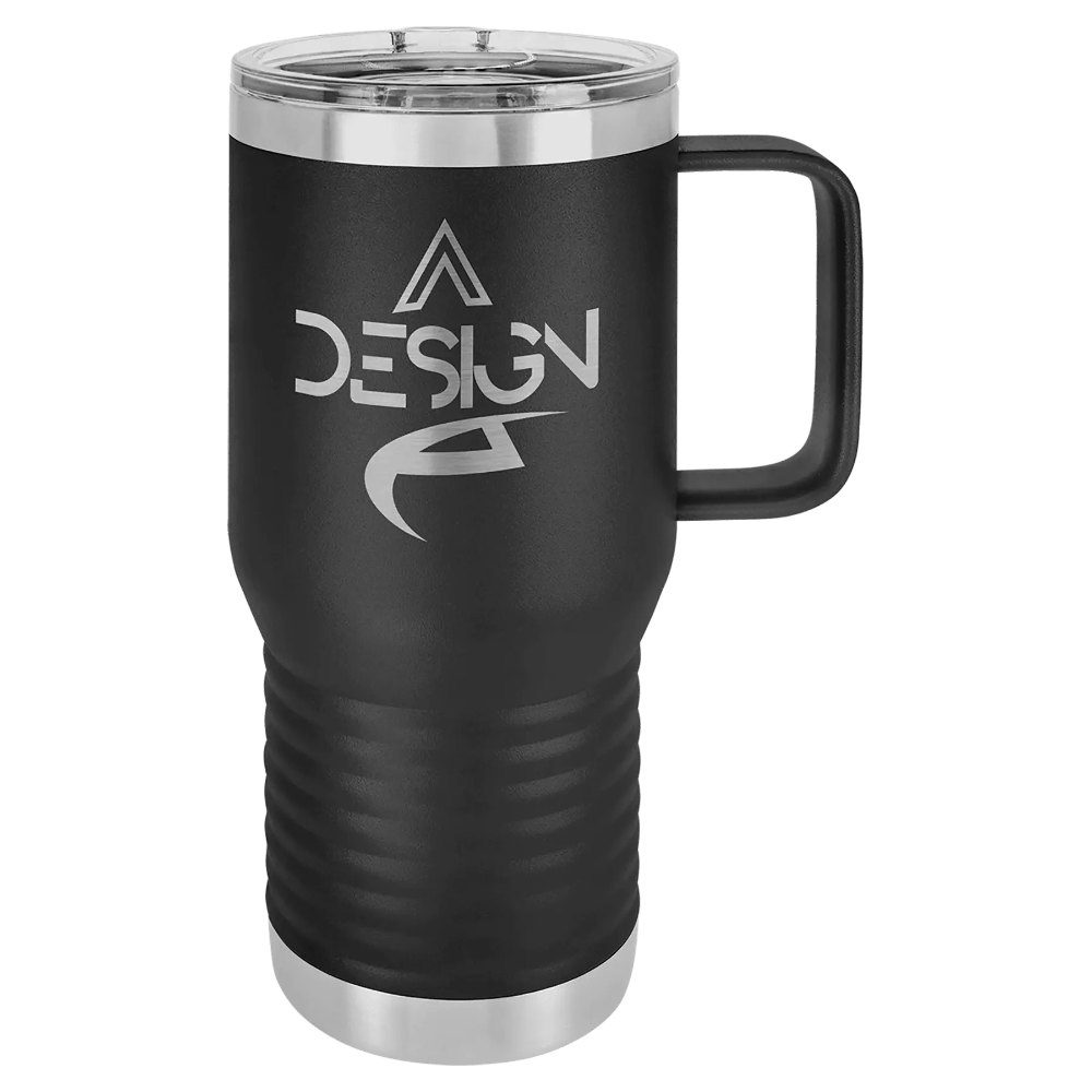 20 oz travel mug tumbler with handle, custom engraved, stainless steelr, secue lid. social media and marketing, marketing strategies for social media, laser etching near me