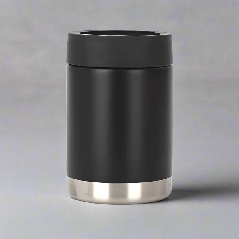A black insulated can coozie for custom engraving with a black lid and silver bottom on a grey background.