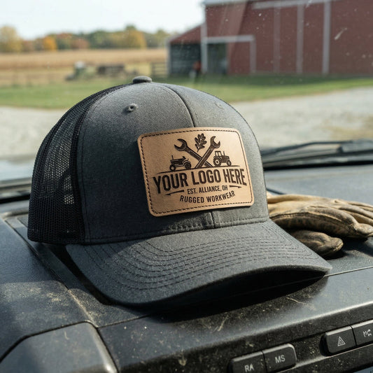 Richardson 112 leather patch hat with custom engraved patch