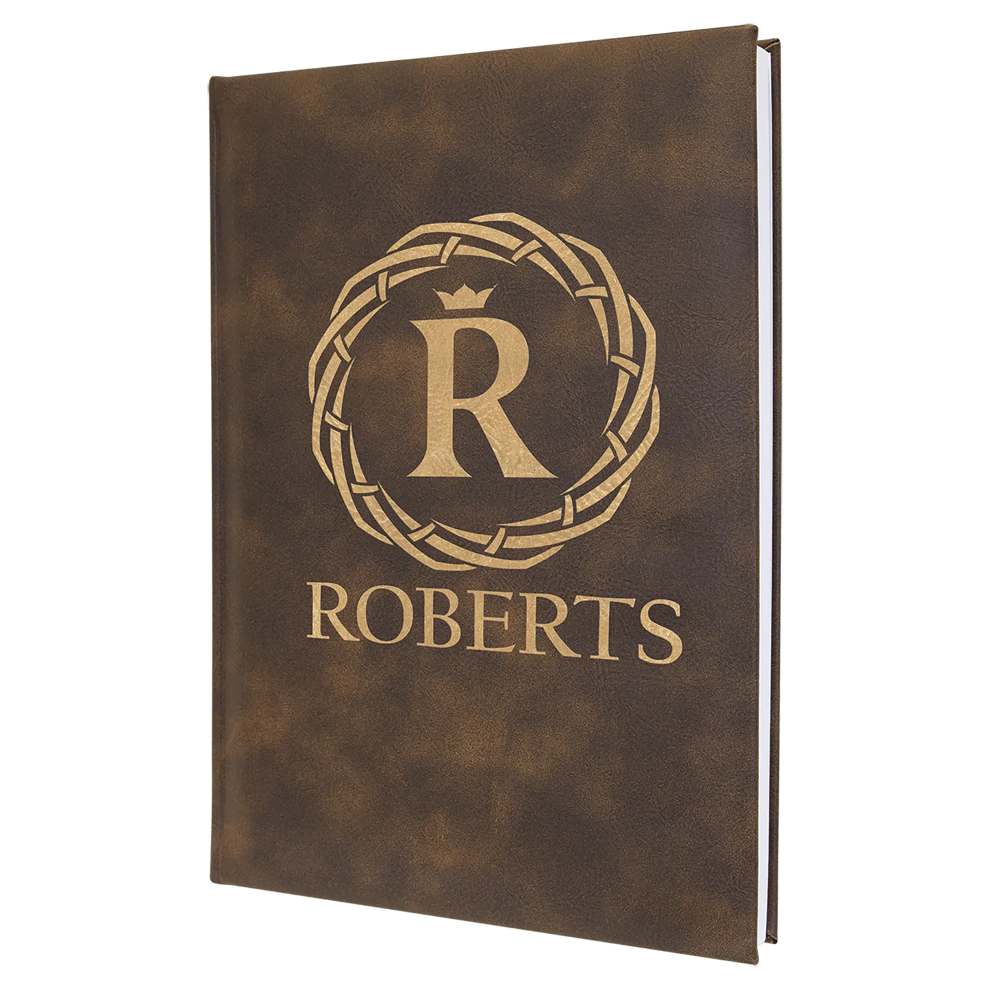 Leatherette Personalized Journals with customizable cover in brown leatherette featuring embossed initials and name.