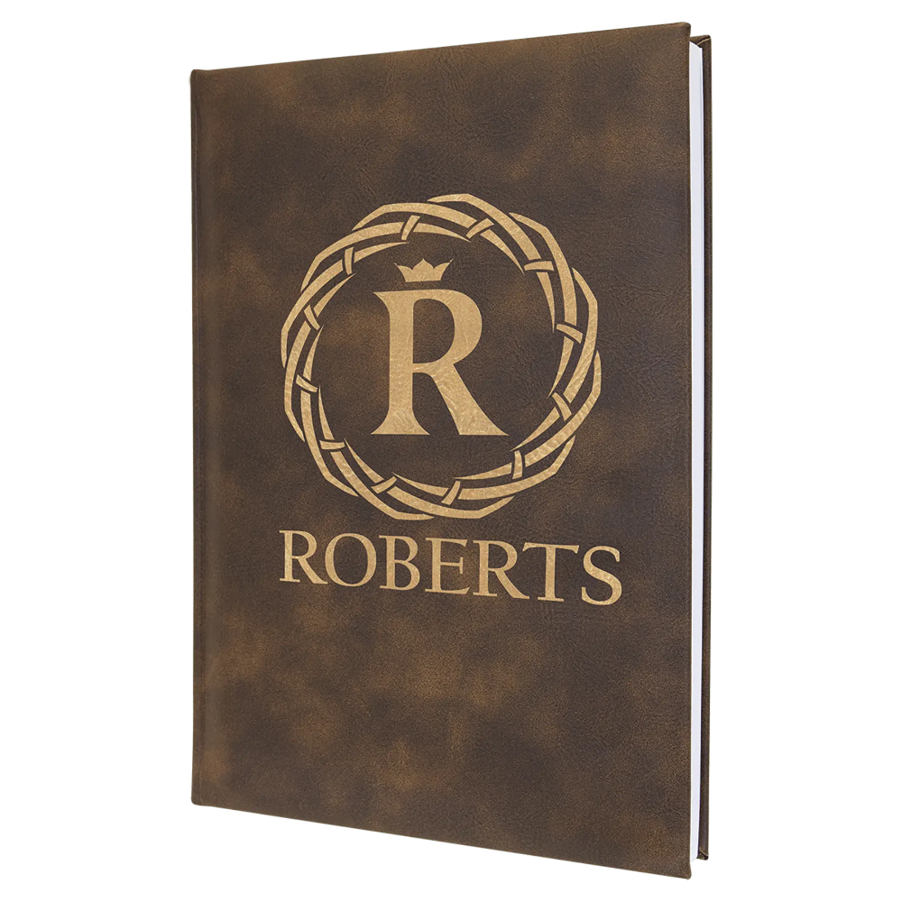 Leatherette Personalized Journals with customizable cover in brown leatherette featuring embossed initials and name.