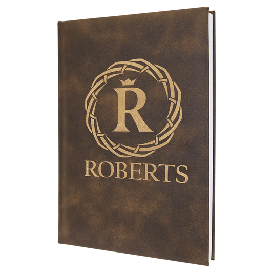 Leatherette Personalized Journals with customizable cover in brown leatherette featuring embossed initials and name.