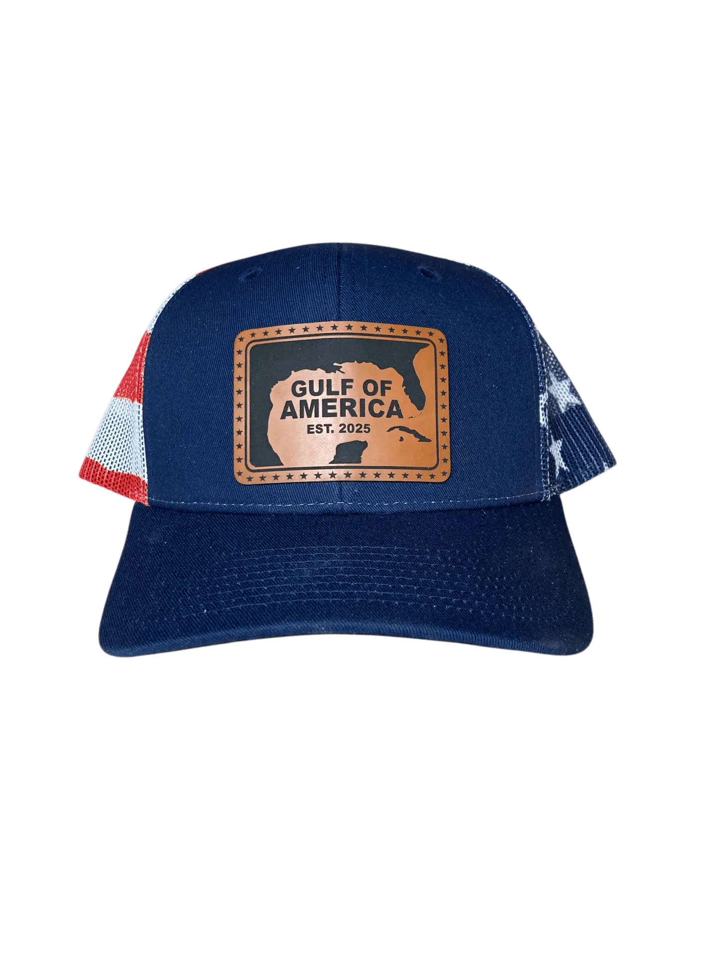 Gulf of America Leather Patch Hat – Coastal Adventure Hat Gulf Coast Leather Patch Hat – Adjustable Trucker Hat Leather Patch Hat Featuring Gulf of America Design Gulf of America Trucker Hat with Custom Leather Patch Stylish Gulf Coast Leather Patch Hat – Perfect for Outdoors