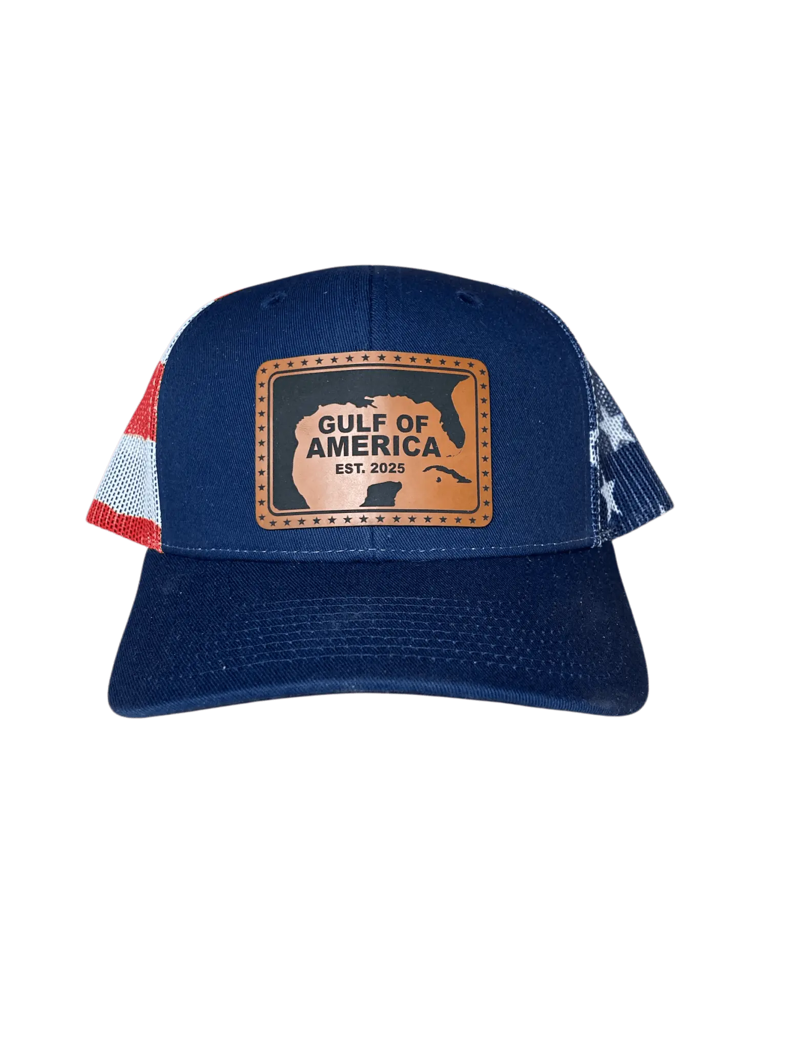 Gulf of America Leather Patch Hat – Coastal Adventure Hat Gulf Coast Leather Patch Hat – Adjustable Trucker Hat Leather Patch Hat Featuring Gulf of America Design Gulf of America Trucker Hat with Custom Leather Patch Stylish Gulf Coast Leather Patch Hat – Perfect for Outdoors