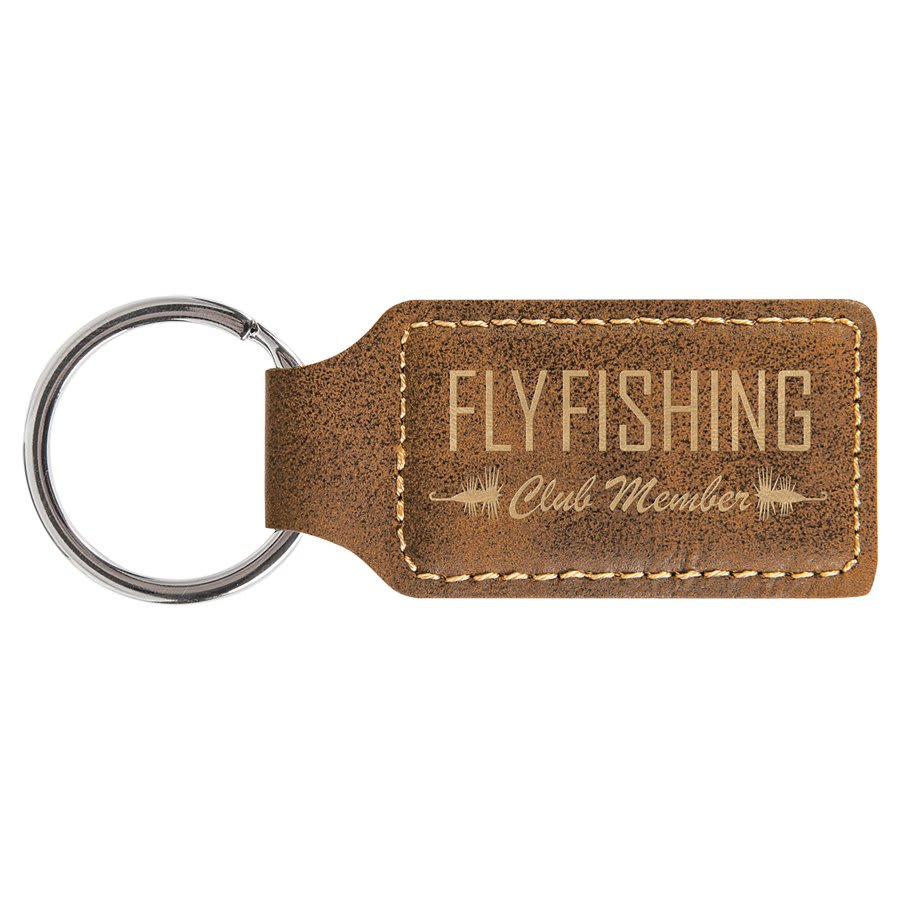 Rustic gold rectangular leatherette keychain.