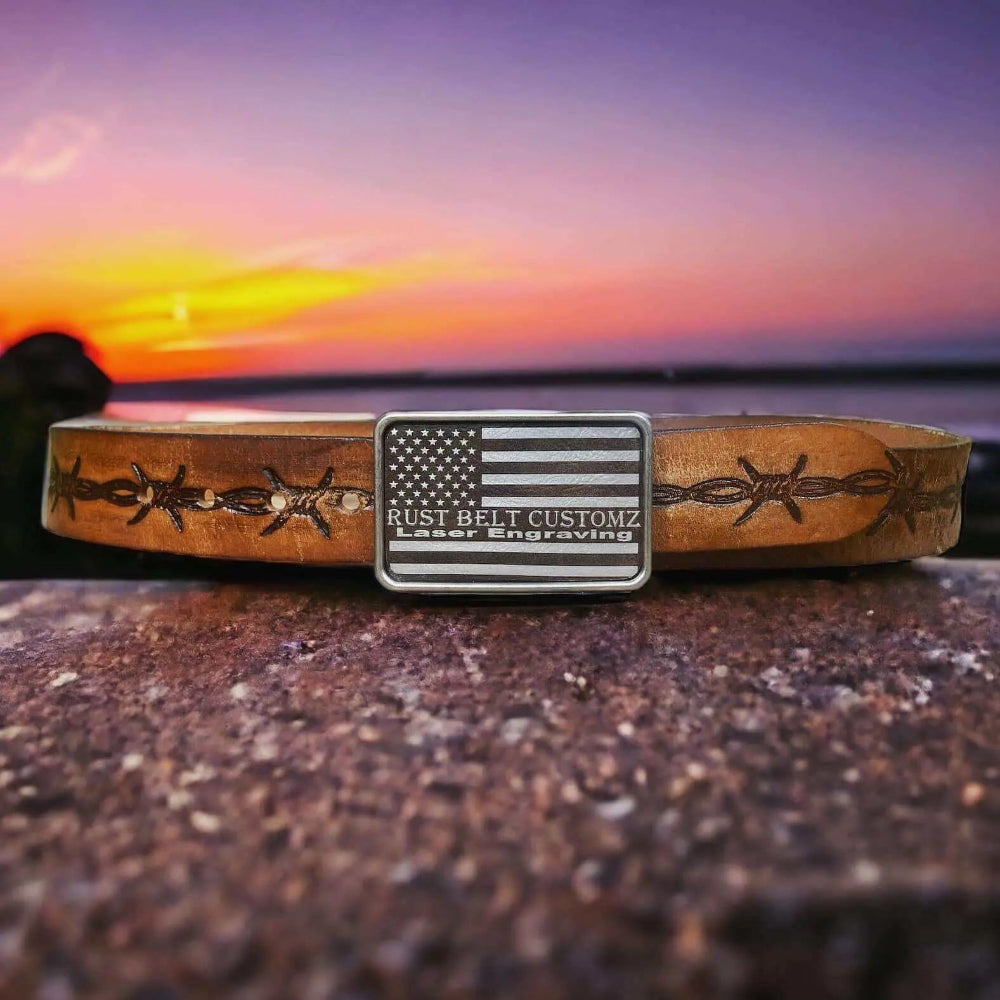 Custom leather patch belt buckle with personalized western engraving