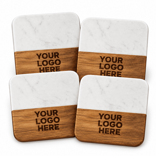 Custom Engraved Square Acacia & Marble Coasters - Rust Belt Customz
