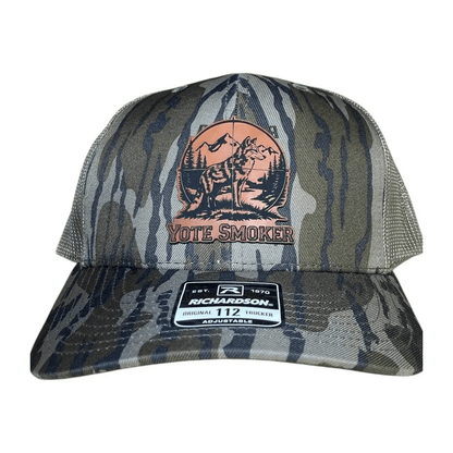 Camo Richardson 112 hat with a Yote Smoker engraved leatherette patch