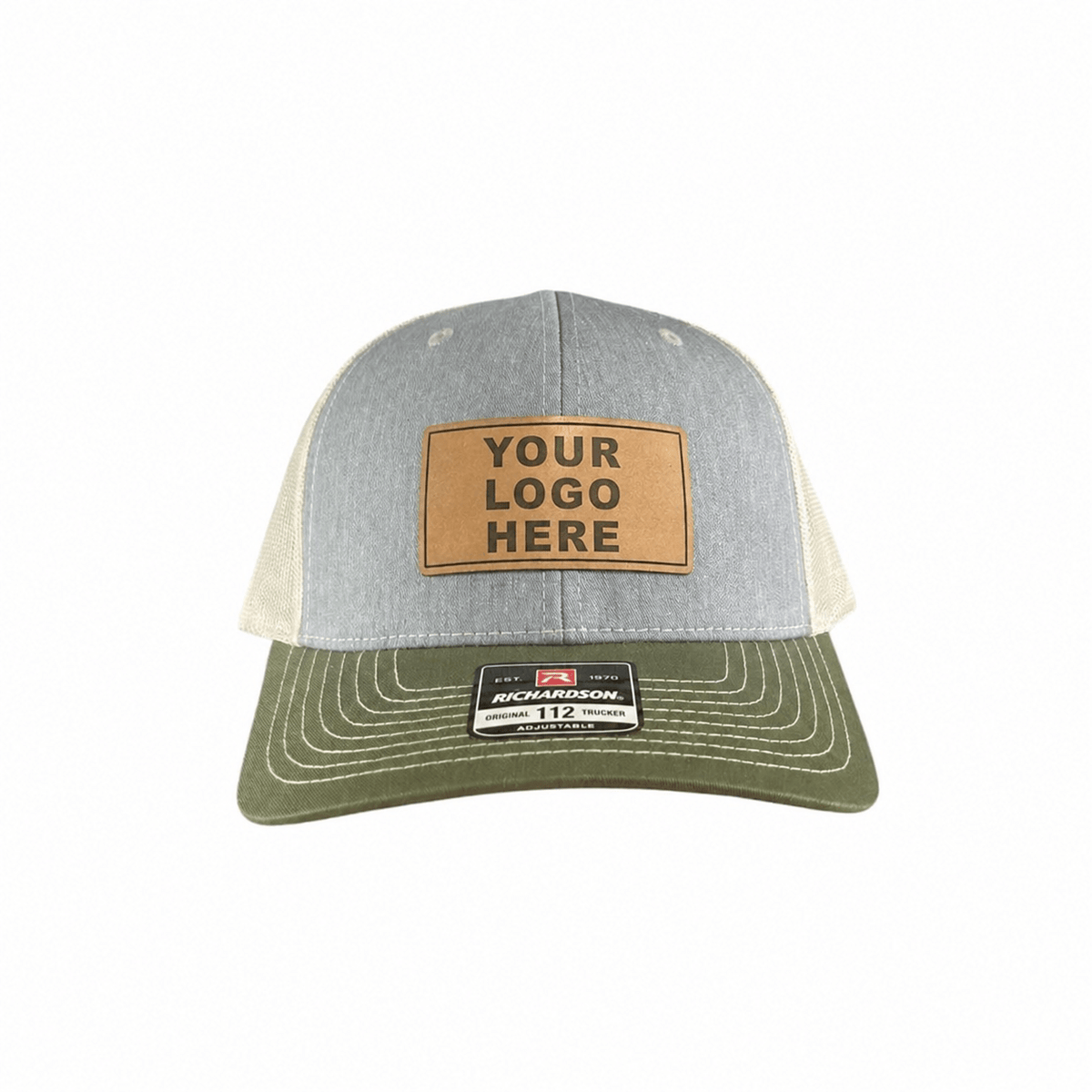 Gray and olive Richardson 112 trucker hat with a tan Your Logo Here leatherette patch