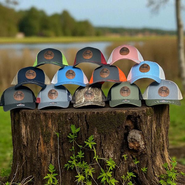 Color lineup of Richardson 112 hats with engraved leatherette logo patches