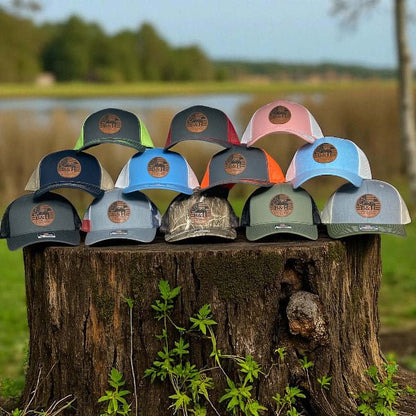Color lineup of Richardson 112 hats with engraved leatherette logo patches