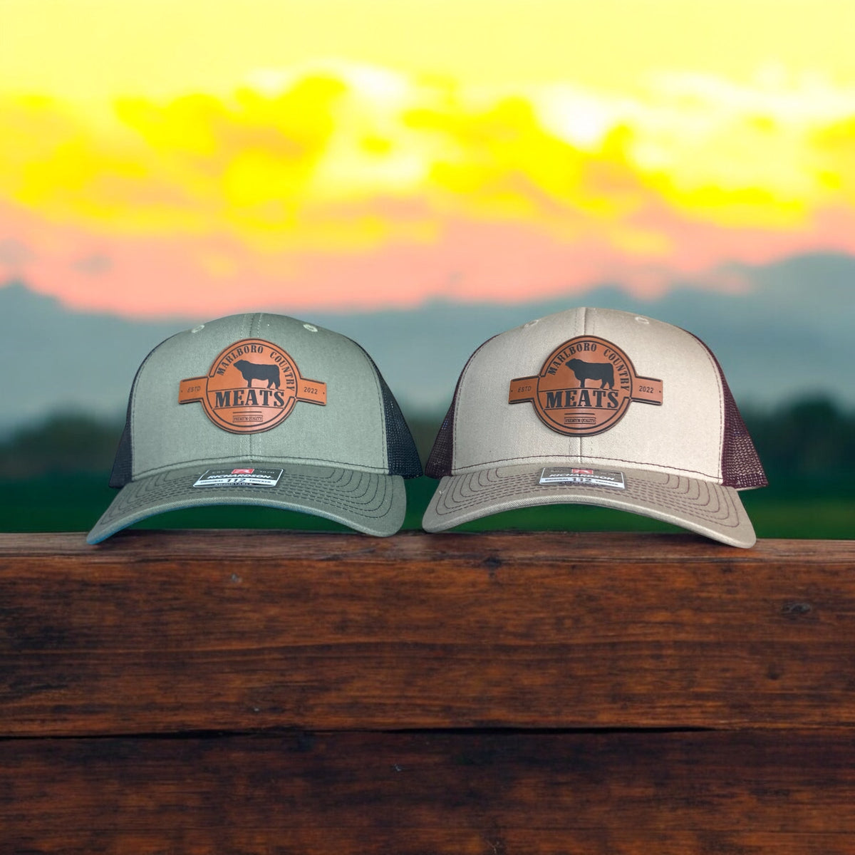 Bulk order of Richardson 112 hats with Marlboro Meats engraved leatherette patches