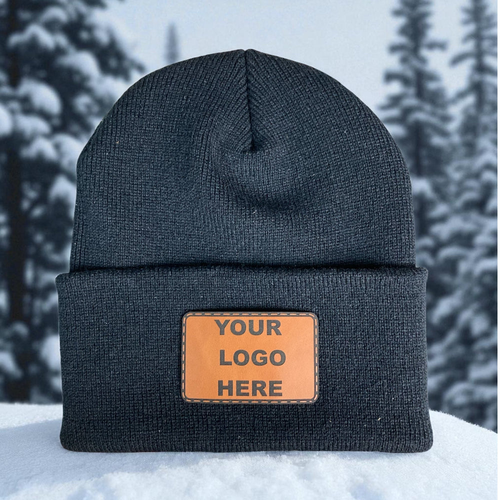 Cuffed beanie shown with a sample leatherette logo patch.