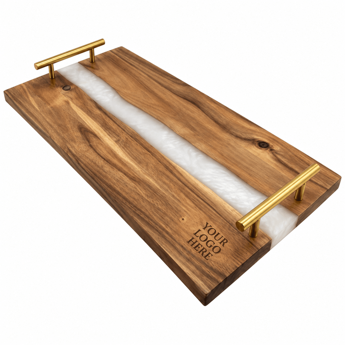 Personalized Acacia Serving Tray with Gold Handles - Rust Belt Customz