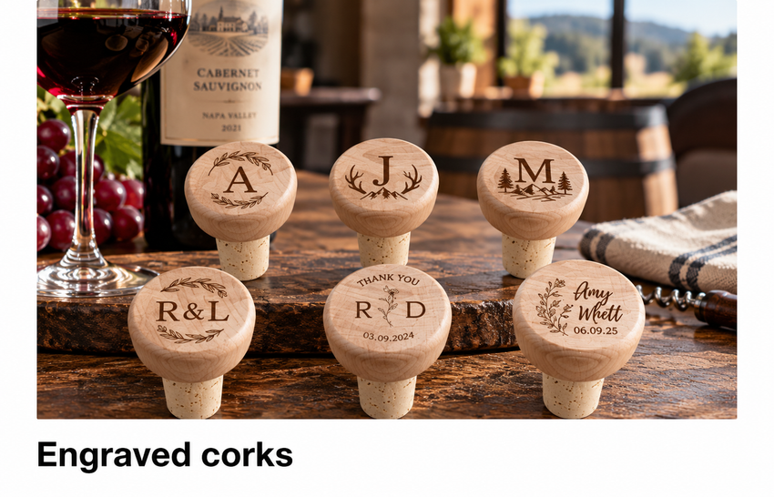 Personalized engraved cork wine stoppers for winery events, weddings, and guest gifts