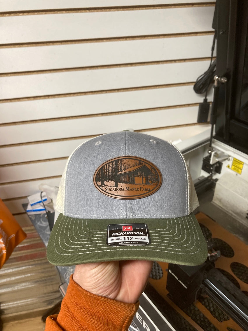 Richardson 112 custom leather patch hat engraved for Sugarosa Maple Farm