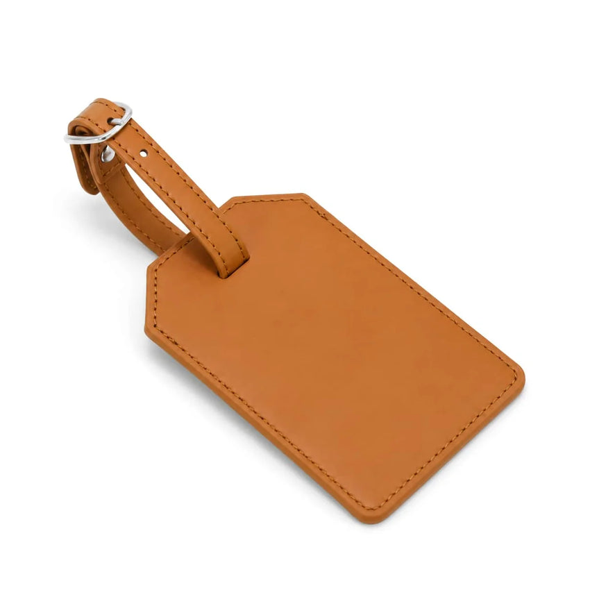 Tan luggage tag ready for personalized black laser engraving