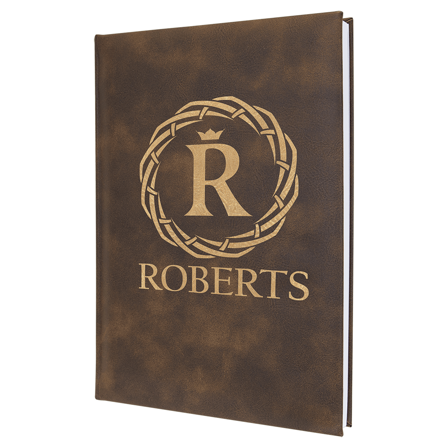 Leatherette personalized journal with custom embossed cover featuring the letter 'R' and name 'Roberts'.